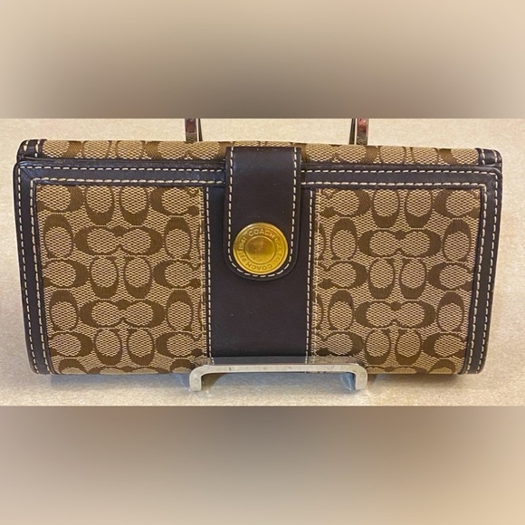 COACH Signature “C” Brown Canvas Leather Trim Bifold Long Wallet, EUC - Picture 1 of 11